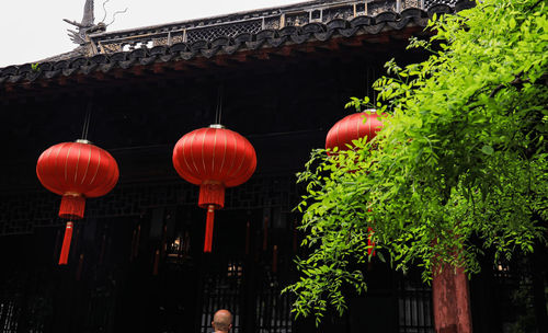 Low angle view of lanterns hanging by building