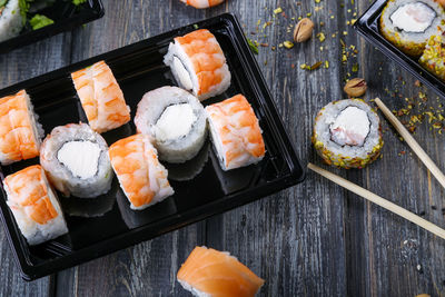 High angle view of sushi served on table