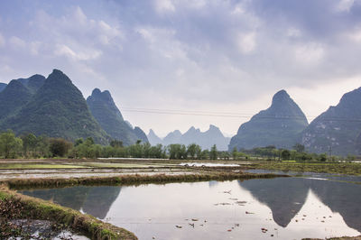 Scenic view of lake and mountains against sky