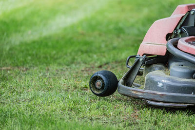 Lawn mower in back yard