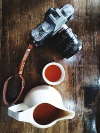 High angle view of coffee cup on table