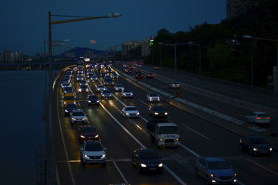 High angle view of traffic on road at night