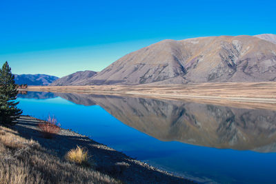 Scenic view of lake and mountains against blue sky