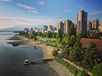 Scenic view of sea and buildings against sky