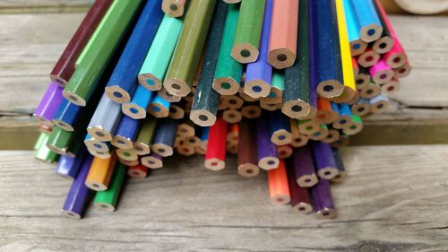Close-up of colorful wooden poles