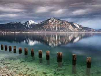 Scenic view of lake and mountains against sky