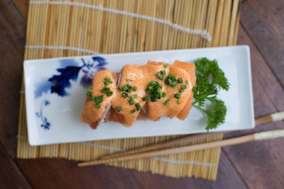 Close-up of served food in plate