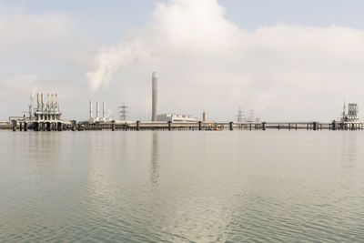 Panoramic view of lpg terminal by sea against sky