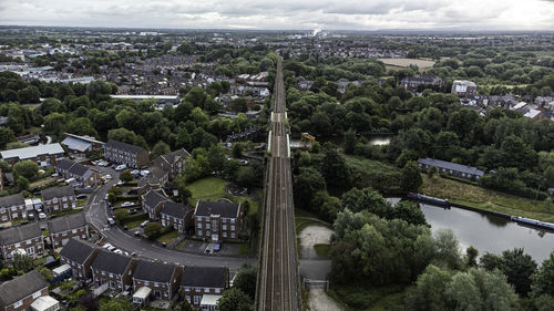 High angle view of buildings in city