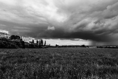 Scenic view of field against cloudy sky