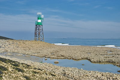 Lighthouse by sea against sky