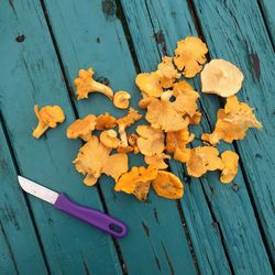 High angle view of mushrooms and knife on wooden table