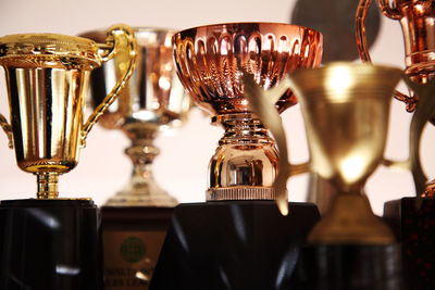 Close-up of trophies against wall