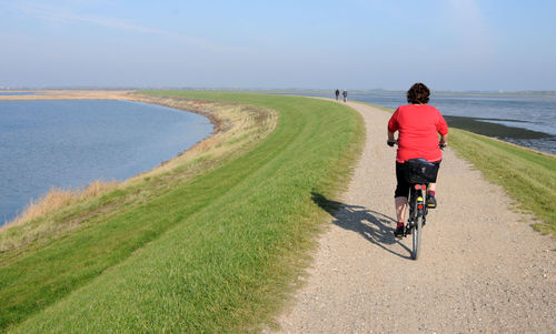 Rear view of people riding bicycle on road