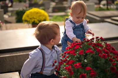 Little toddler and baby girl on a grave with flowers