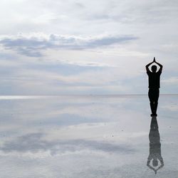 Rear view of man standing at beach against sky