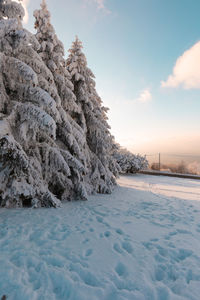 Scenic view of snow covered land against sky during sunset