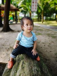 Cute baby girl looking away while sitting on log in forest