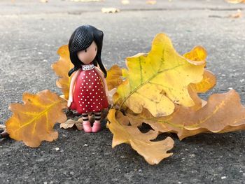 High angle view of girl with autumn leaves