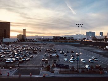 High angle view of traffic on road at sunset