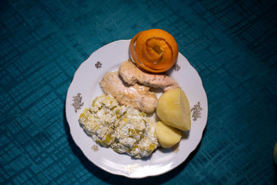 High angle view of breakfast served on table