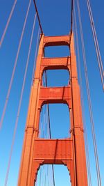 Low angle view of suspension bridge against clear blue sky