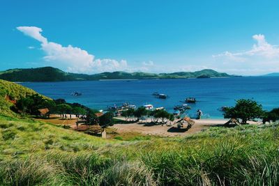 Scenic view of sea against blue sky