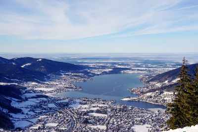 High angel view from mountain wallberg at lake tegernsee