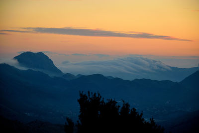 Scenic view of silhouette mountains against sky at sunset