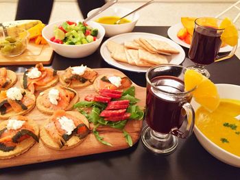 High angle view of breakfast on table