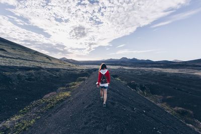 Rear view of man standing on mountain against sky