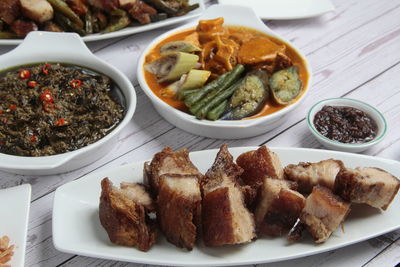 High angle view of food in plate on table