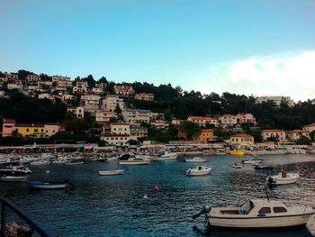 Boats moored in harbor against clear sky