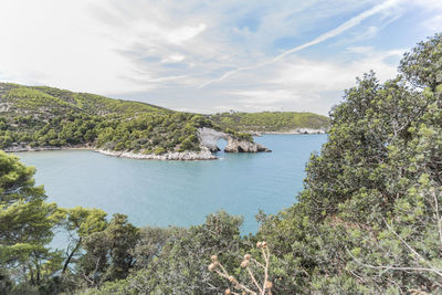 Scenic view of bay against sky