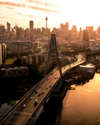 Aerial view of bridge over river against buildings in city during sunset