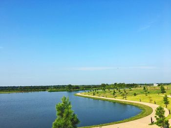 Scenic view of lake against clear blue sky