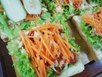 High angle view of chopped vegetables in plate