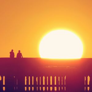 Silhouette people standing by sea against clear sky during sunset