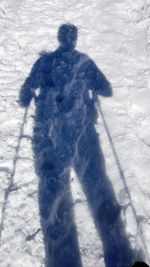 Shadow of person on snow covered field