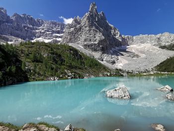 Panoramic view of lake and mountains against sky