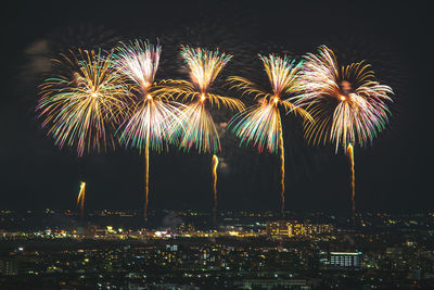 Low angle view of firework display at night