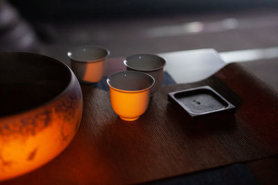 High angle view of coffee cup on table