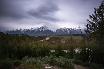 Scenic view of mountains against cloudy sky