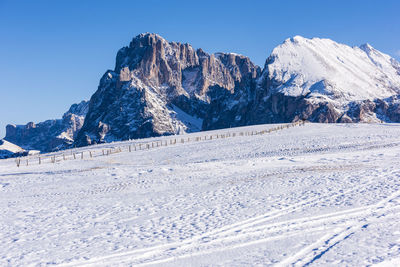 Scenic view of snowcapped mountains against clear blue sky