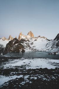 Scenic view of snowcapped mountains against clear sky