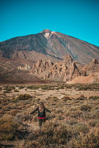 Rear view of person on landscape against clear sky