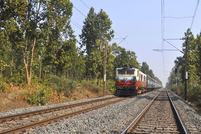 Train on railroad track amidst trees against sky