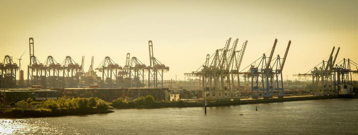 Panoramic view of harbor against clear sky