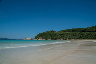 Scenic view of sea against clear blue sky