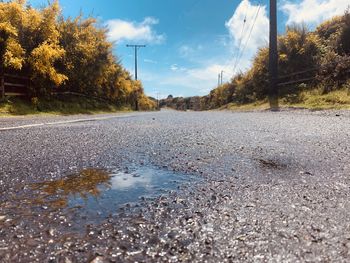 Surface level of road by trees against sky